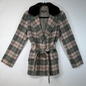 JESSIE Women's Plaid Belted Coat with Faux Fur Collar Size 10